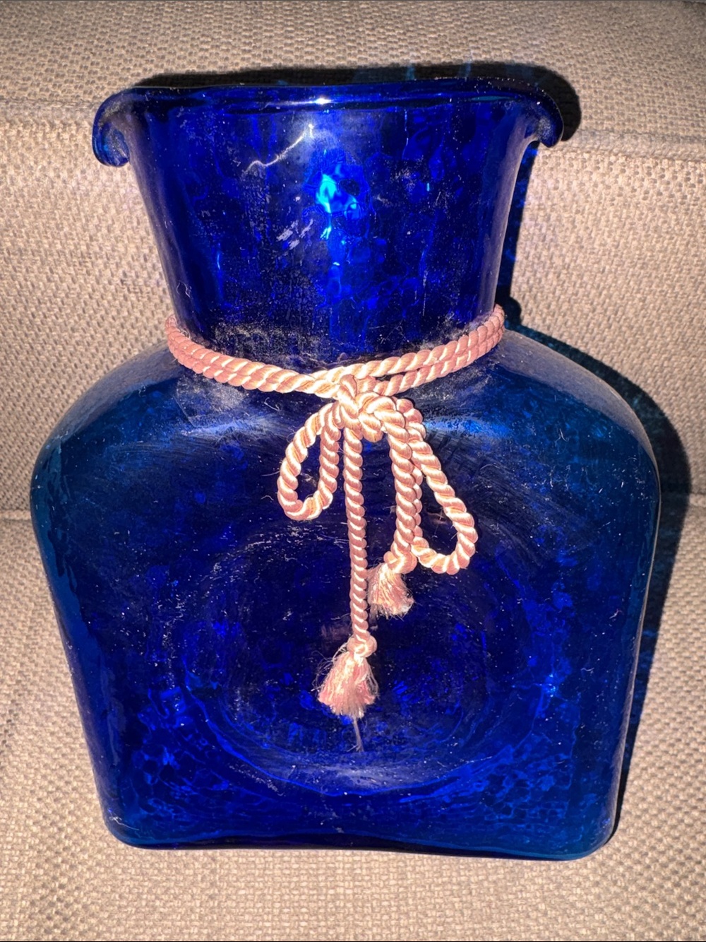 Vintage Blenko Cobalt Blue Water Container with Gold Rope Knot Accent -